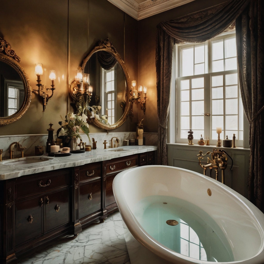 A richly styled Victorian bathroom with muted jewel tones and bronze faucets. Glass apothecary jars and marble countertops exude timeless charm.