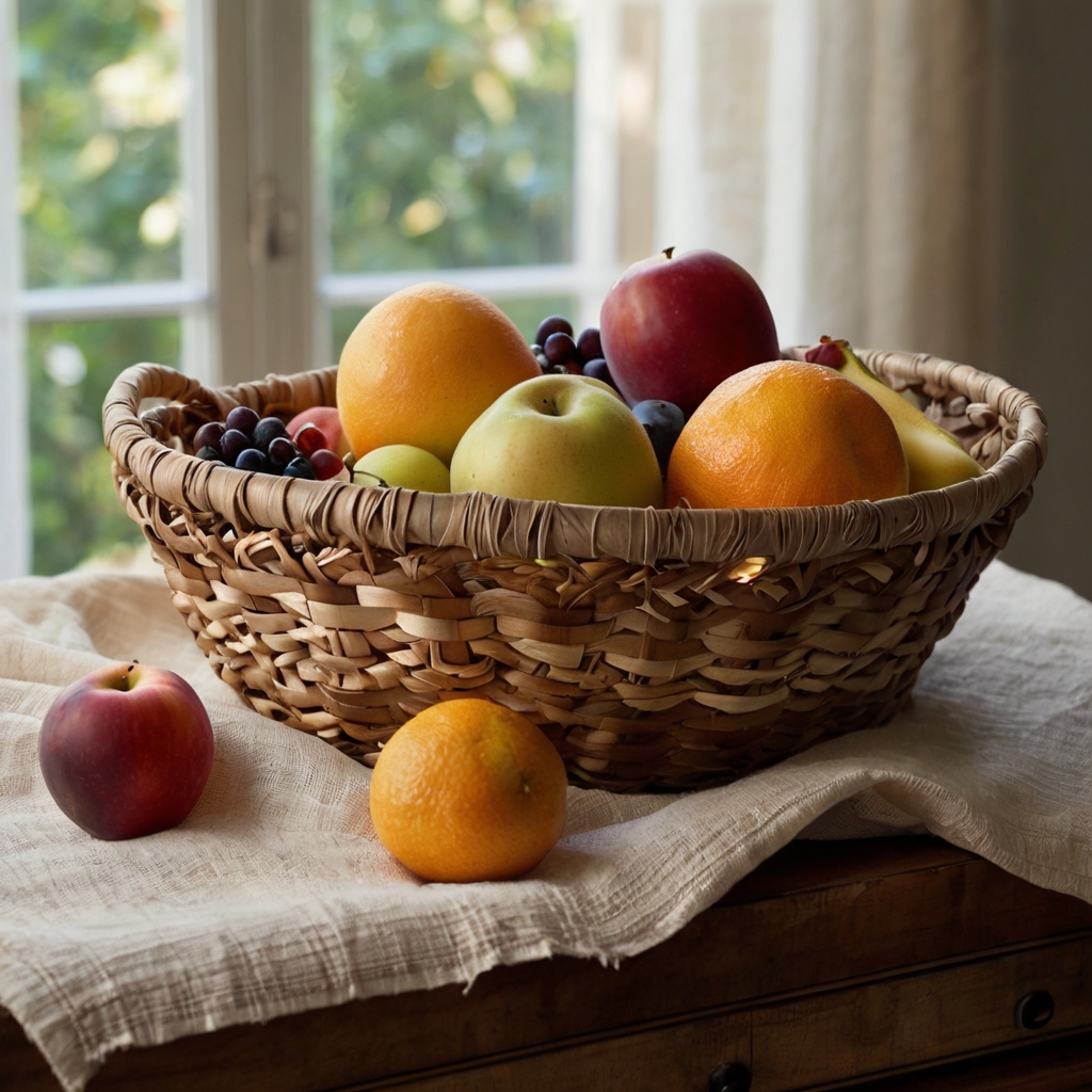 A woven basket filled with fresh seasonal fruits rests on a linen cloth. Soft natural light enhances the vibrant colors and textures.