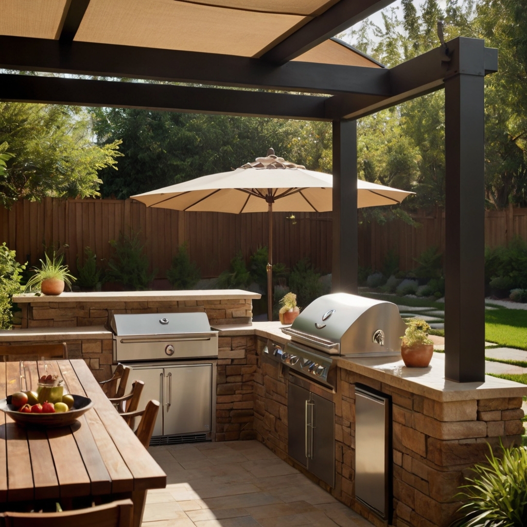 A charming outdoor BBQ space with a traditional grill, weatherproof storage, and a shaded umbrella ceiling. Perfect for weekend cookouts.