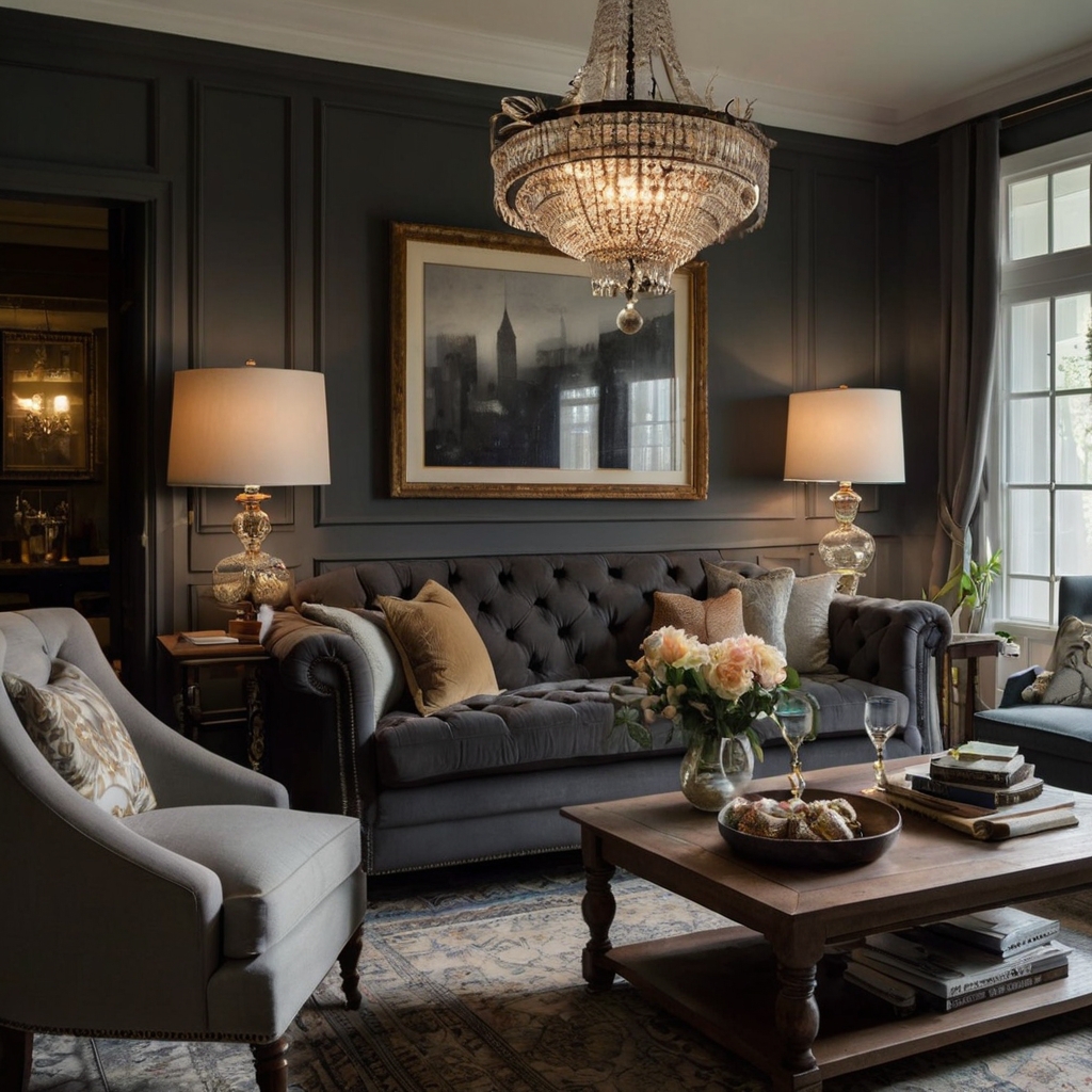 A tufted grey sofa with ornate wooden accents and a Persian rug creates timeless charm. A grand chandelier adds warmth and luxury.