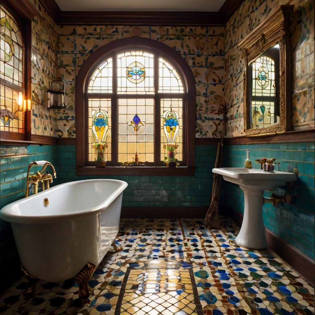 A petite Victorian bathroom with a clawfoot tub and hand-painted tiles. Warm golden light filters through stained glass, adding historic elegance.