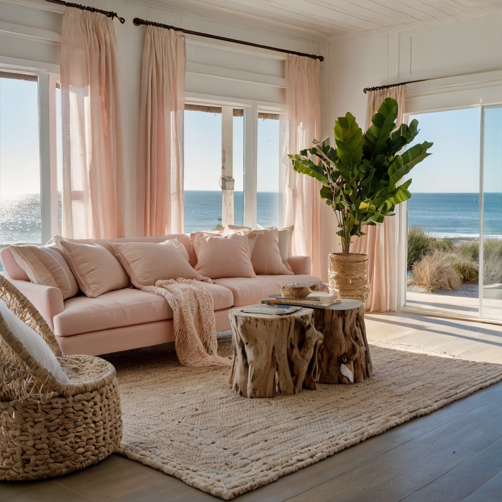 A pastel pink couch with driftwood accents in a breezy coastal setting. Sunlight filters through sheer curtains.