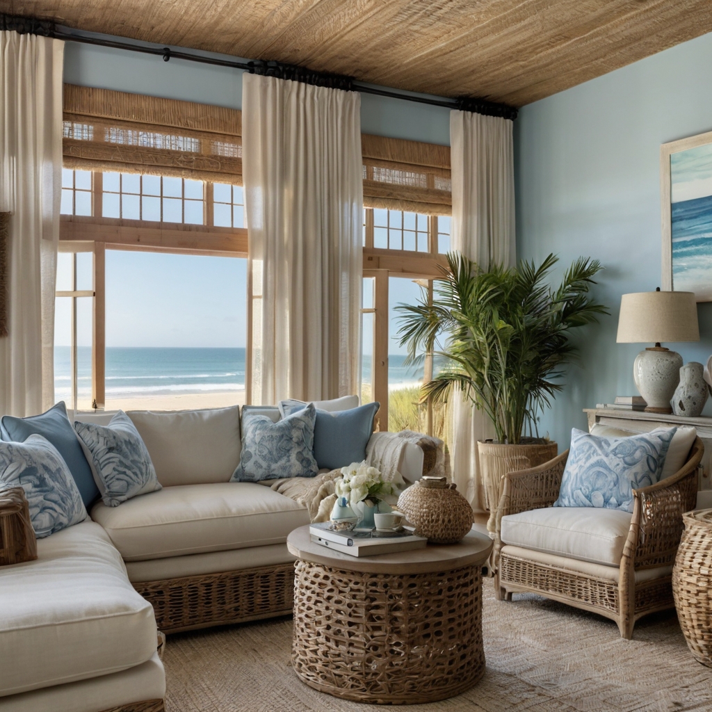 A breezy coastal-inspired space with soft blues, rattan furniture, and ocean hues. Large windows invite in fresh natural light.