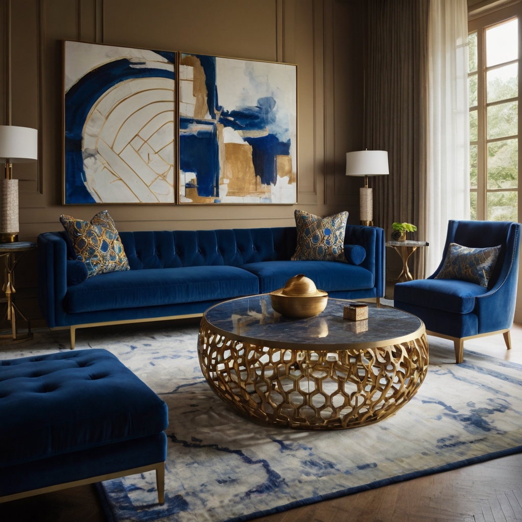A bold cobalt blue velvet sofa anchors the space. Neutral walls and gold accents balance the vibrant color.