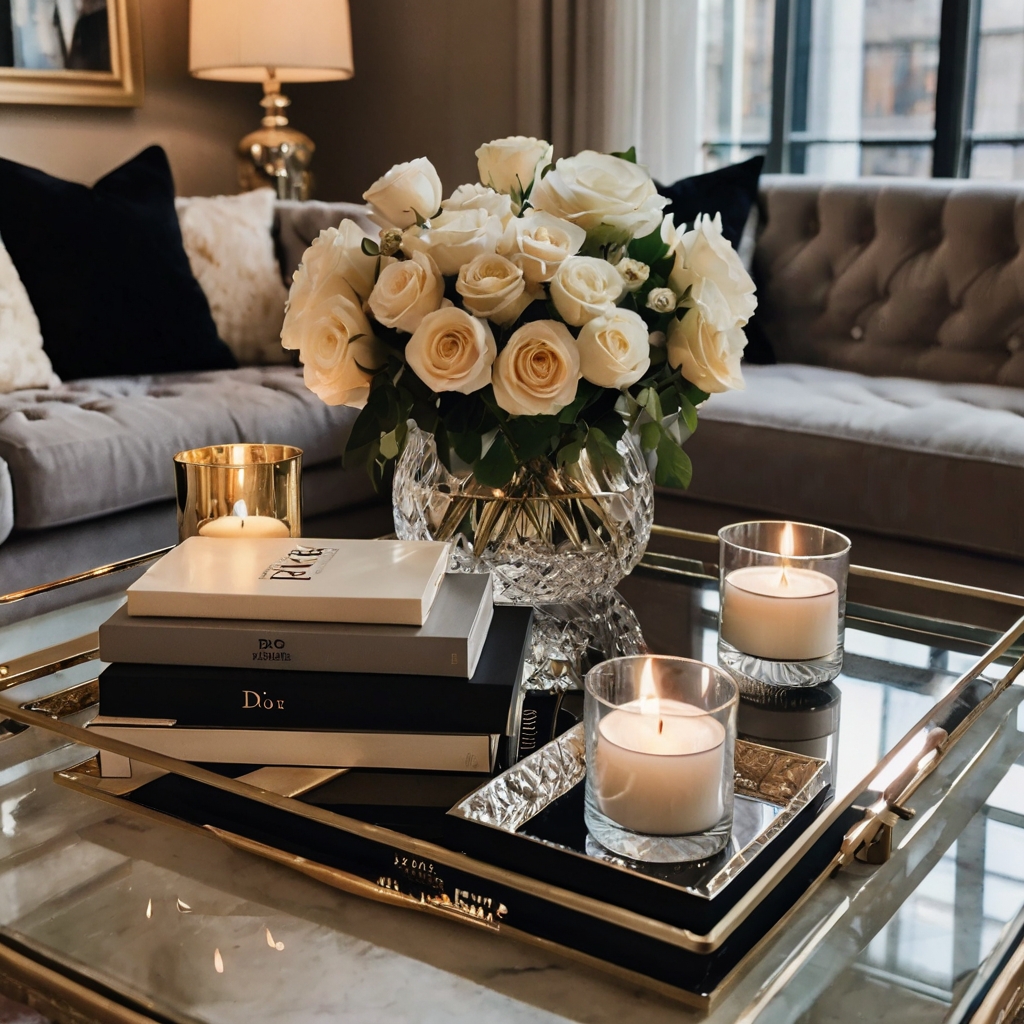 A sleek coffee table with books, candles, and a decorative tray. Soft lighting adds warmth to the stylish setup.