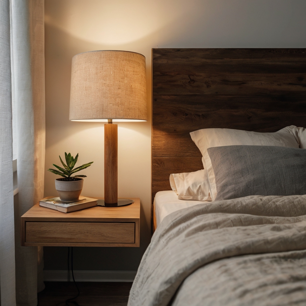 A sleek floating nightstand holding a lamp, book, and plant, saving space efficiently.