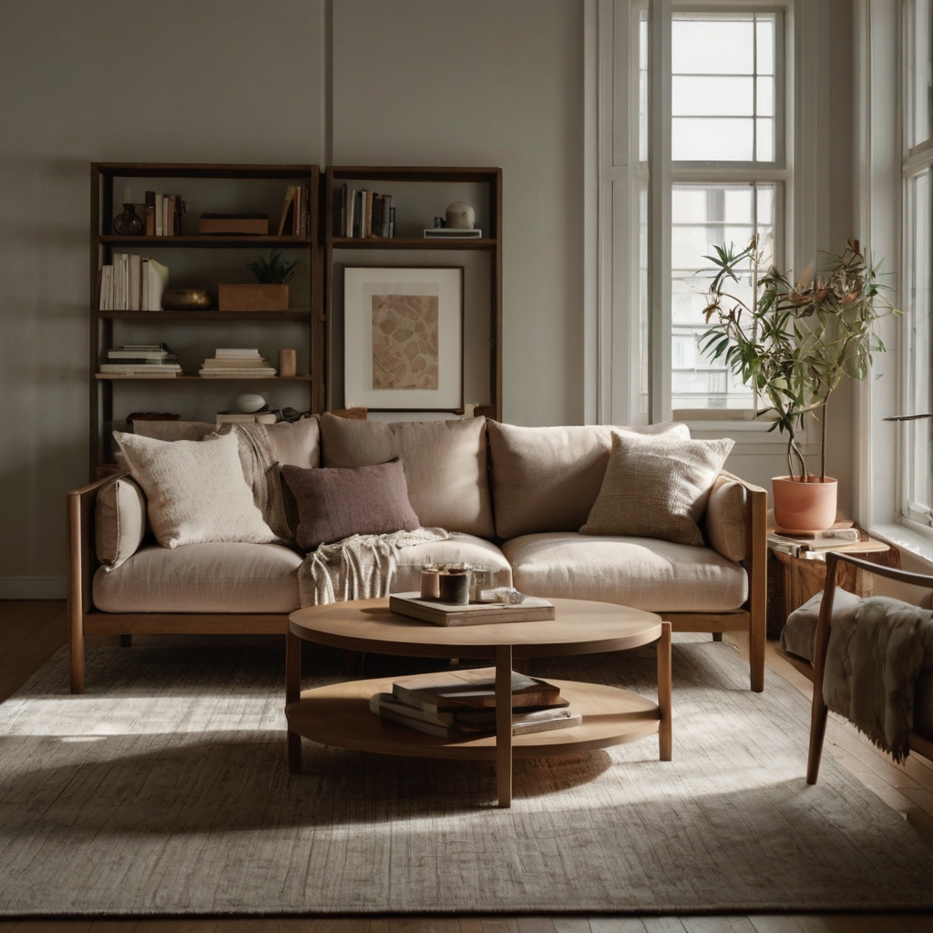 A space-saving neutral-toned loveseat snugly fits in a corner. Sunlight enhances the soft fabric, creating a cozy atmosphere.