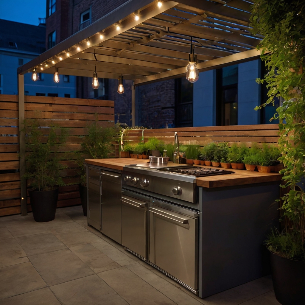 A smartly designed space-saving outdoor kitchen with a fold-out grill, retractable counter, and vertical herb garden. Ideal for small patios.