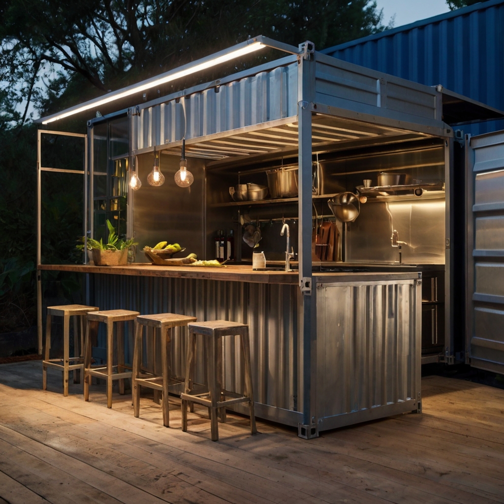 A bold, industrial-style outdoor kitchen built inside a repurposed shipping container. A unique and stylish backyard setup.