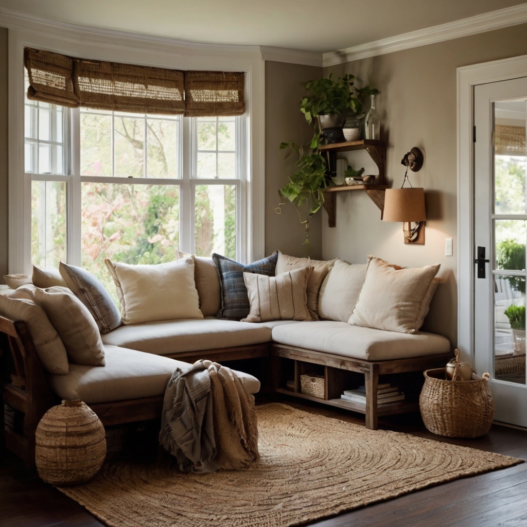 A cozy built-in L-shaped bench with soft cushions in a corner. A compact coffee table and pendant lighting enhance comfort and style.