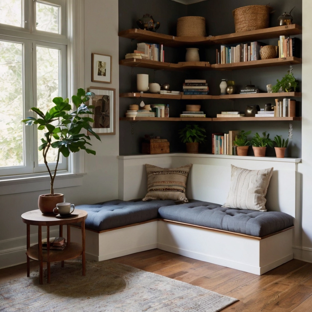 A smartly designed corner nook with an L-shaped seating bench featuring hidden storage. Floating corner shelves hold decor, maximizing every inch of space.