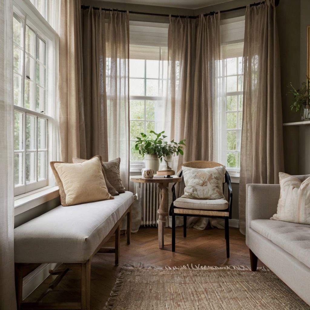 A peaceful window nook with a soft cushion, candles, and a book. Sheer curtains allow natural light for an airy feel.