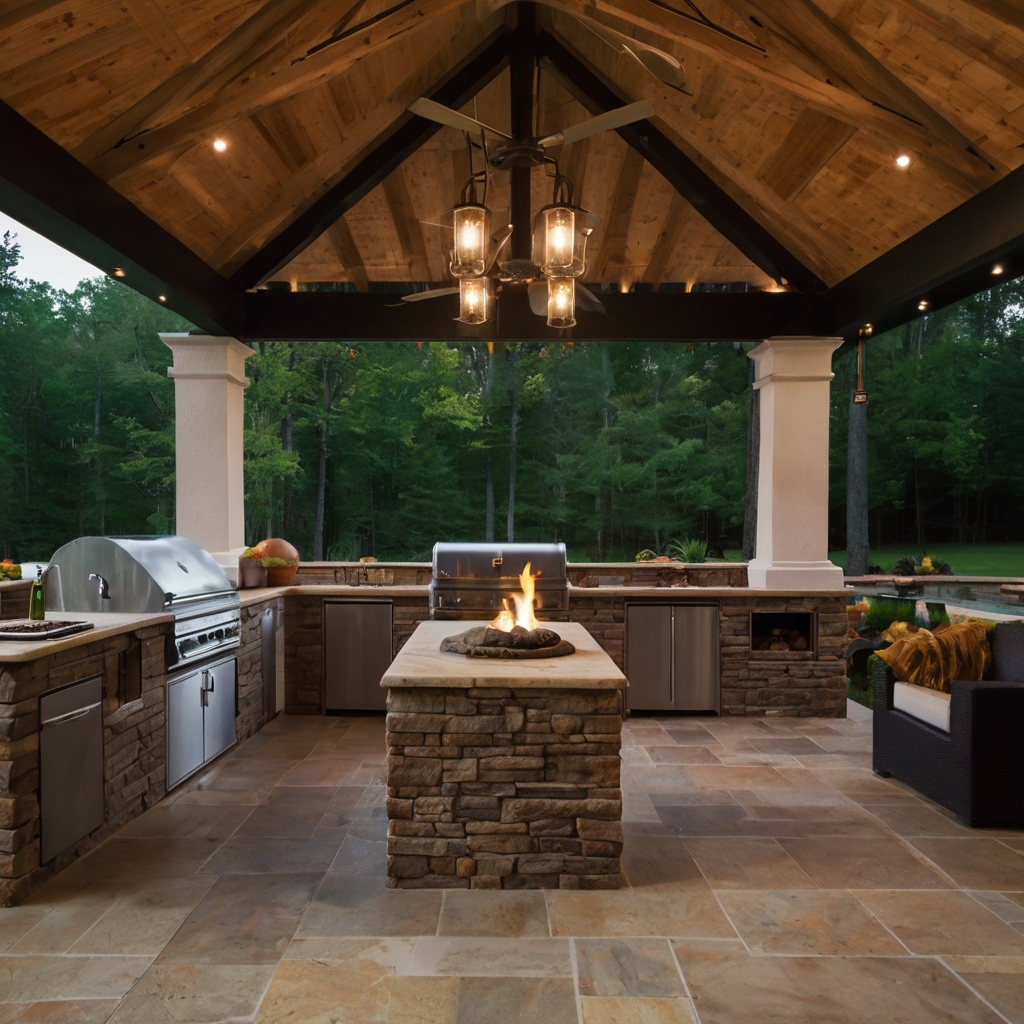 A luxurious covered outdoor kitchen with a fireplace, built-in grill, and cozy seating. A stylish all-season cooking retreat.