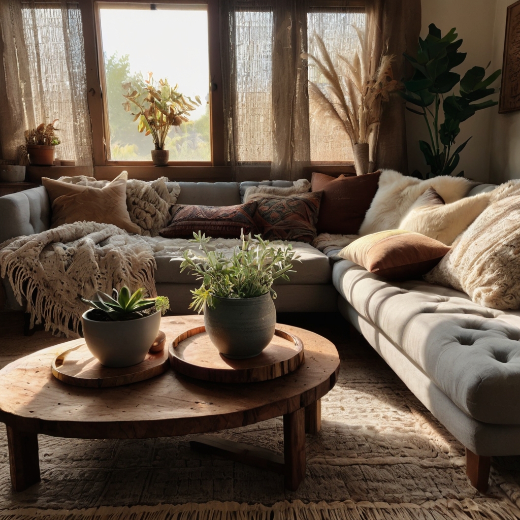 A soft grey sofa with macramé, woven textures, and rustic wood exudes boho charm. Natural sunlight enhances the cozy, layered ambiance.