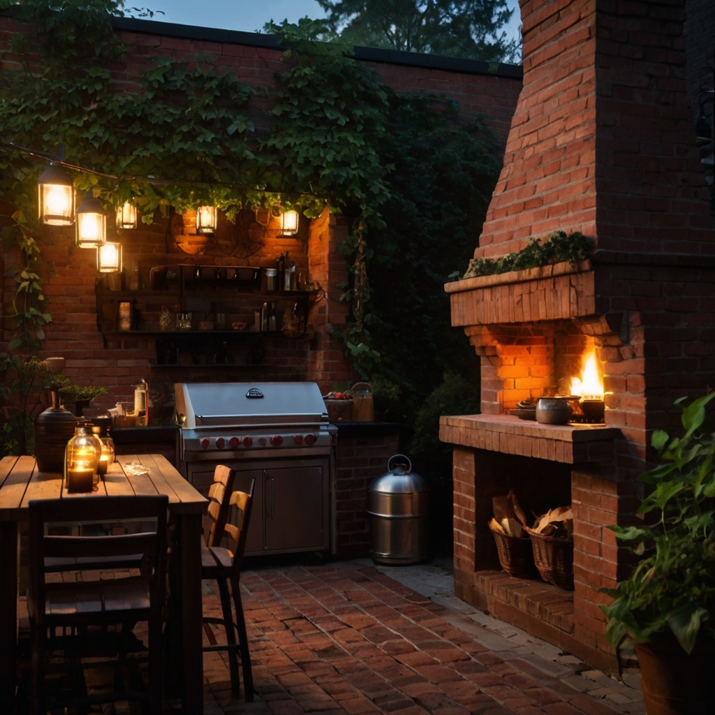 A European-style brick outdoor kitchen with a built-in charcoal grill, ivy-covered walls, and glowing lanterns. A warm and inviting rustic retreat.