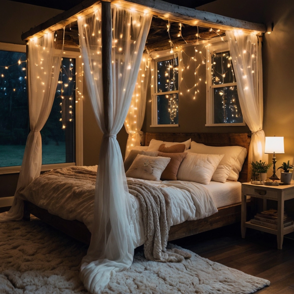 A dreamy bed with sheer draped canopies and fairy lights, creating a magical retreat.
