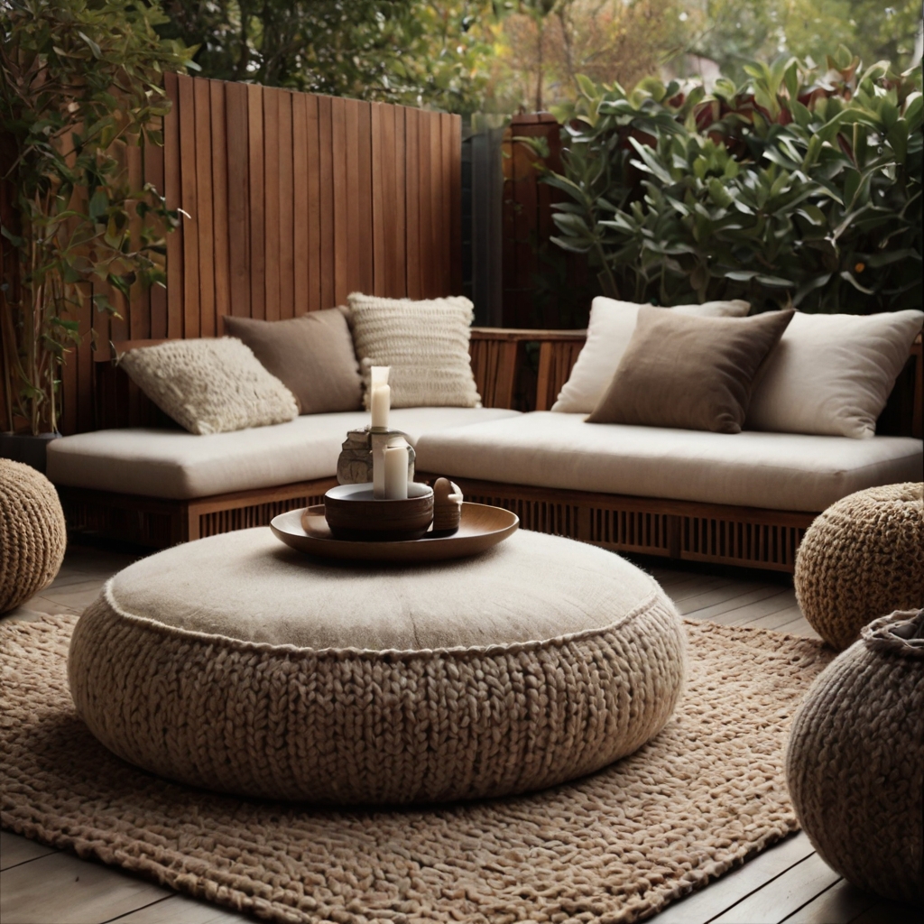 An inviting outdoor space with chunky knit poufs in neutral tones, arranged for flexible seating. A woven rug and low wooden table enhance the cozy vibe.