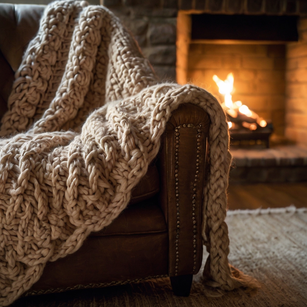 A chunky knit throw draped over a linen armchair near a glowing fireplace. Soft candlelight enhances the intricate weave, adding warmth to the space.