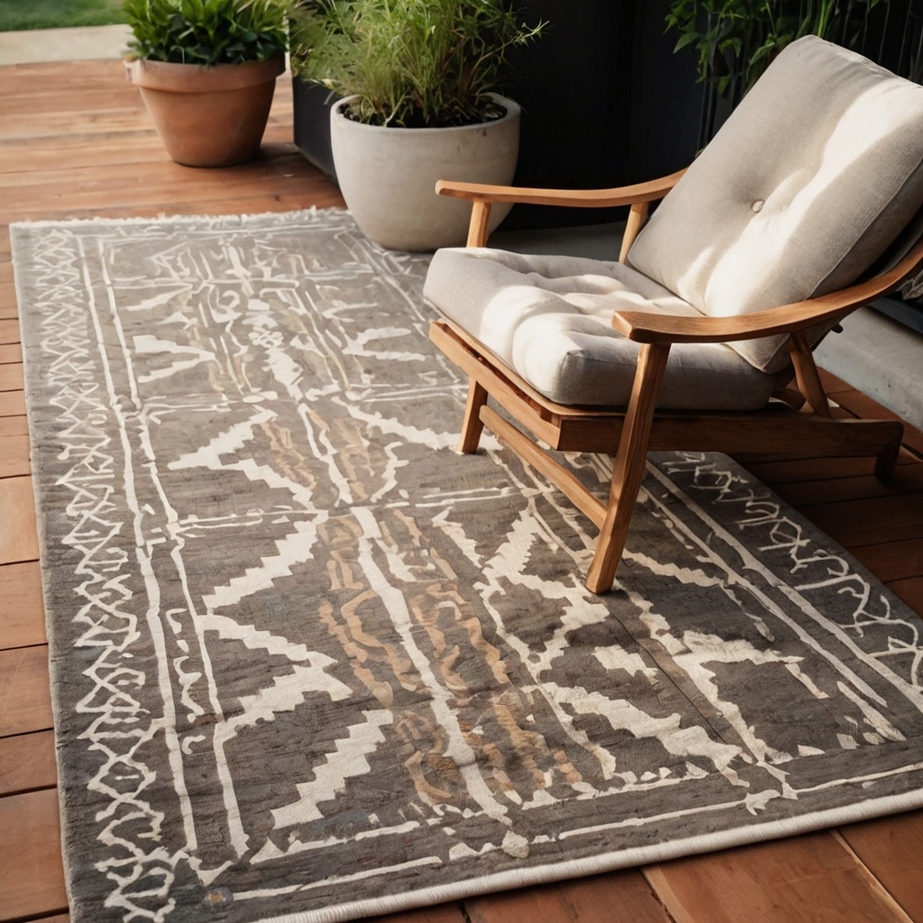 A soft, weatherproof outdoor rug anchors a cozy seating area with a lounge chair and coffee table. Warm sunlight enhances the vibrant yet neutral tones, adding comfort.