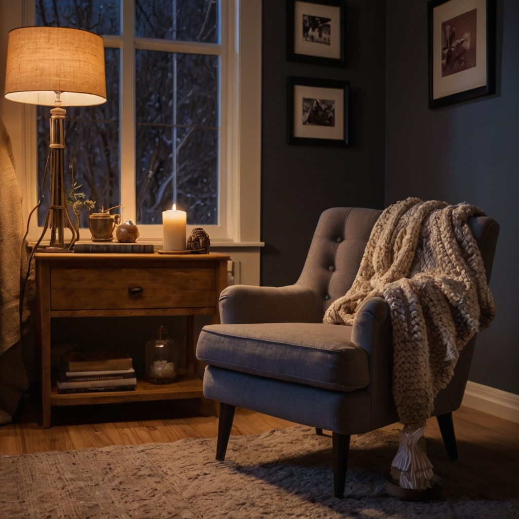 A small reading nook with a comfy chair, soft throw, and a glowing floor lamp. Personal touches create a warm and inviting retreat.