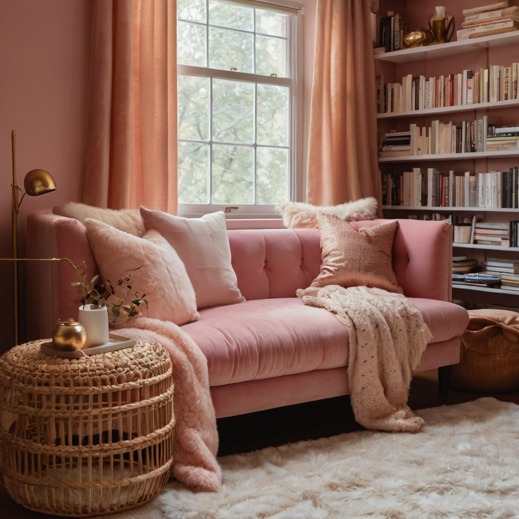 A plush pink sofa nestled in a warm reading nook with bookshelves. Golden lighting enhances the cozy atmosphere.