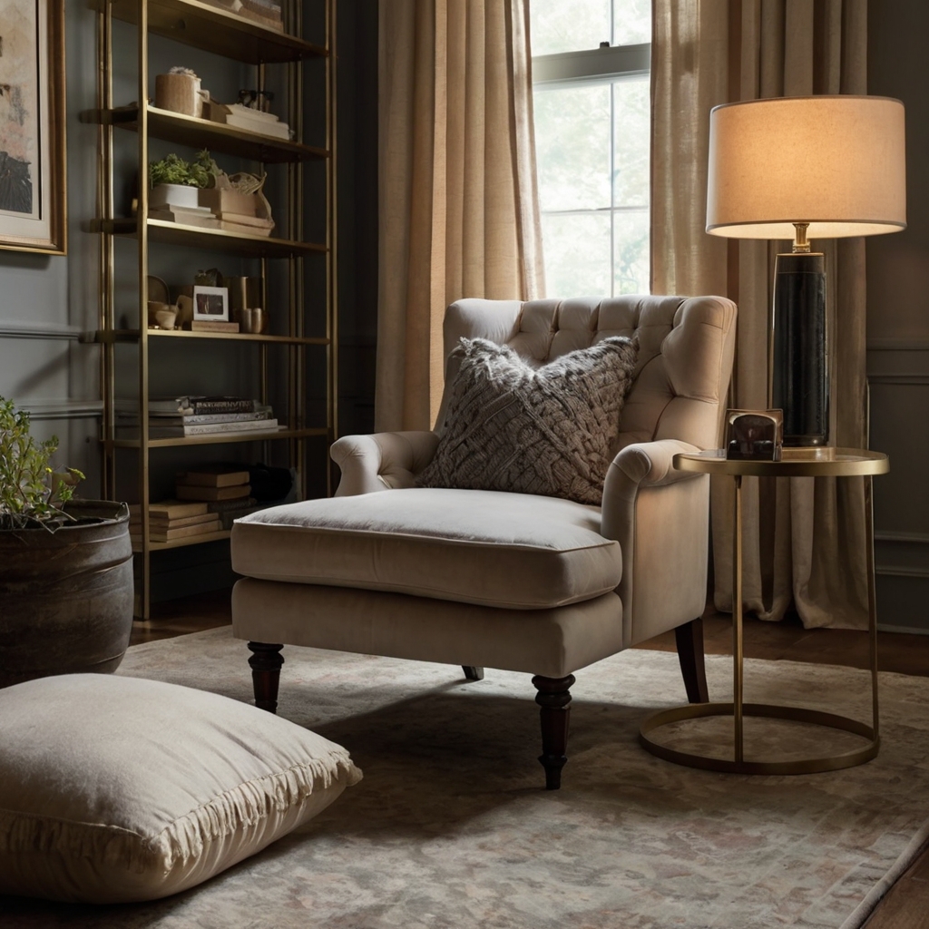 A plush chaise lounge with a soft knit throw sits beside a curated bookshelf. Warm lighting and natural textures create an inviting reading nook.