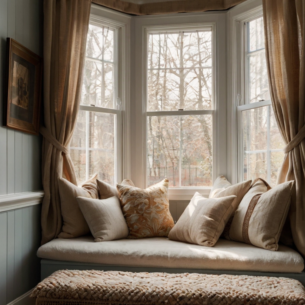 A comfy window nook with plush cushions and throws, perfect for relaxing.