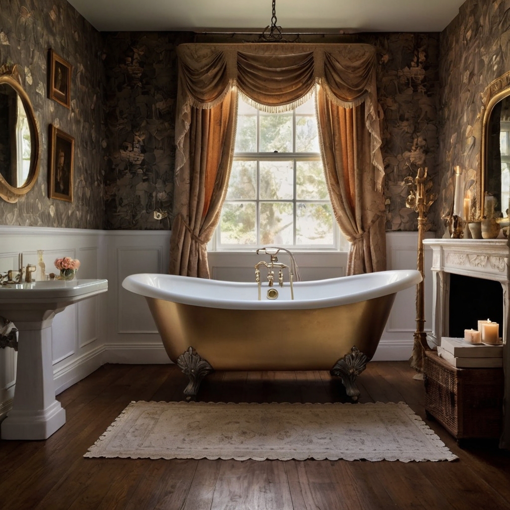 A cozy Victorian bathroom with a clawfoot tub beneath lace-draped windows. Warm candlelight and textured wallpaper create a serene, intimate retreat.