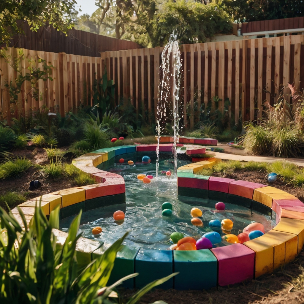 A lively backyard bursting with colors, chalk paths, and a water play station. Kids splash, explore tunnels, and enjoy endless outdoor fun.