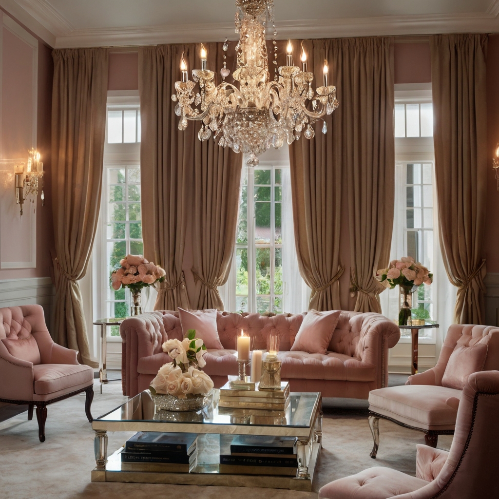 A grand crystal chandelier casts shimmering light over a velvet sofa. Gold accents and soft blush tones add elegance to the space.