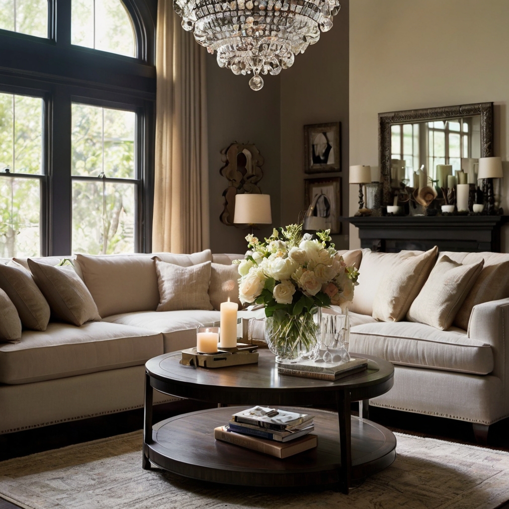 A dazzling crystal chandelier hangs above a refined living space, casting soft reflections. The warm glow complements plush seating and sophisticated decor elements.