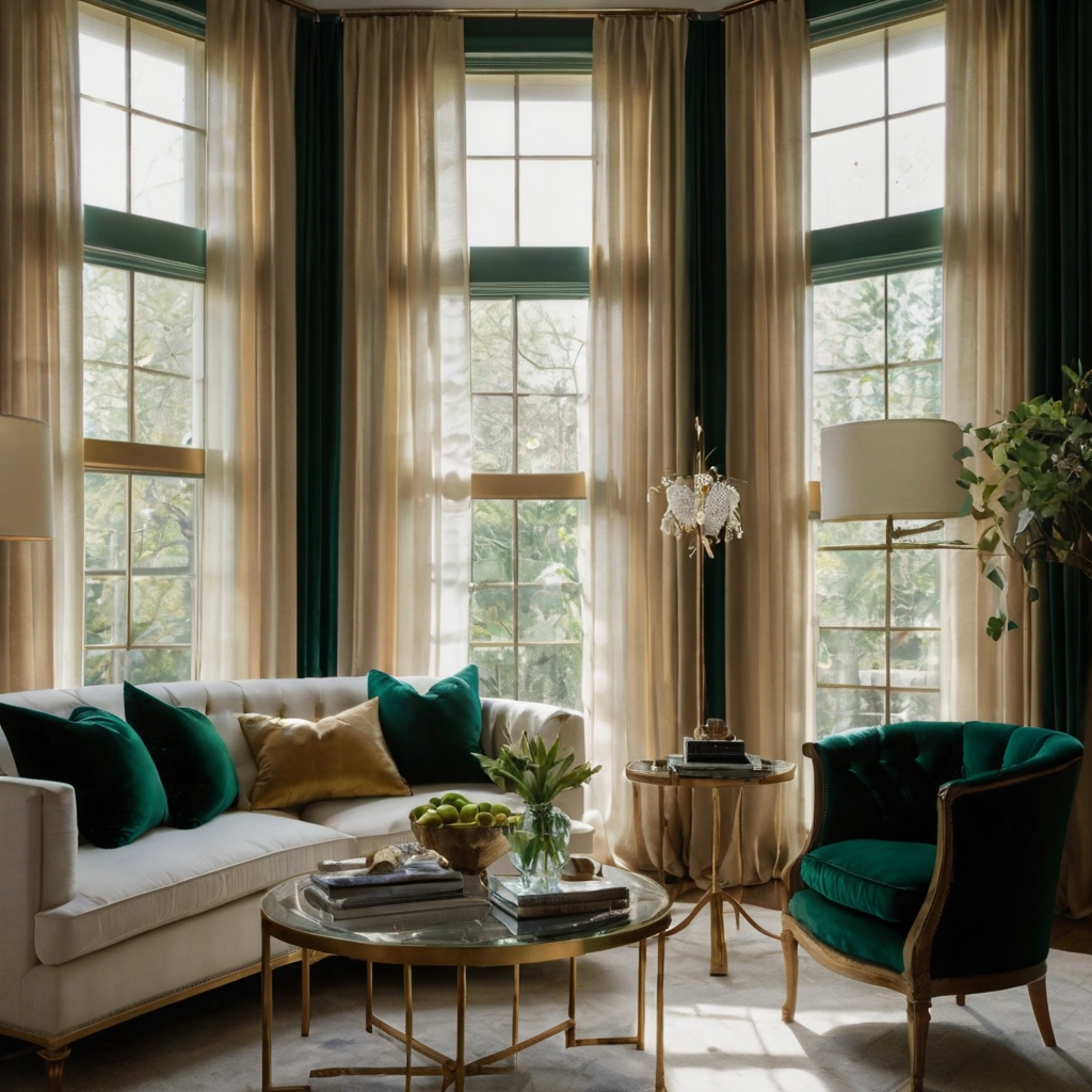 Floor-to-ceiling sheer curtains billowing gently in the sunlight, paired with rich velvet drapes. The combination adds height and sophistication to the space.