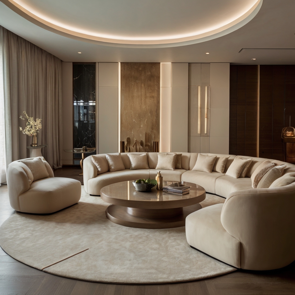 A gracefully curved sofa in a soft, neutral hue creates a fluid, inviting space. Rounded furniture elements enhance the cozy, contemporary aesthetic.