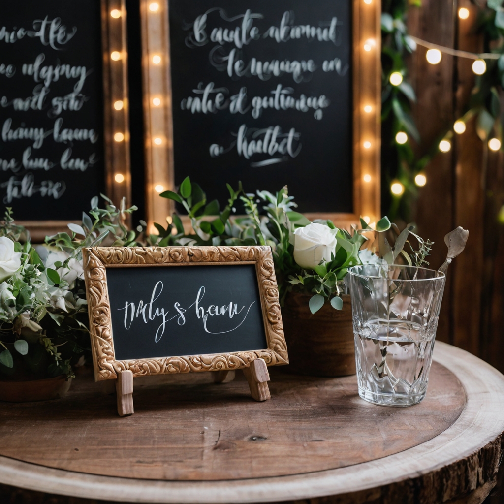 Rustic mini chalkboard signs with handwritten calligraphy on wooden stands, adding charm to a baby shower table.
