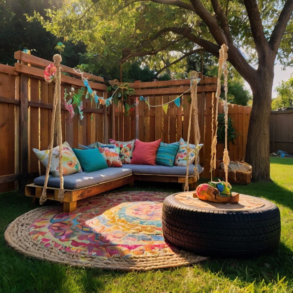 A cozy backyard playground with handmade swings, colorful tire towers, and a rustic wooden fort. A peaceful retreat where kids unleash creativity.
