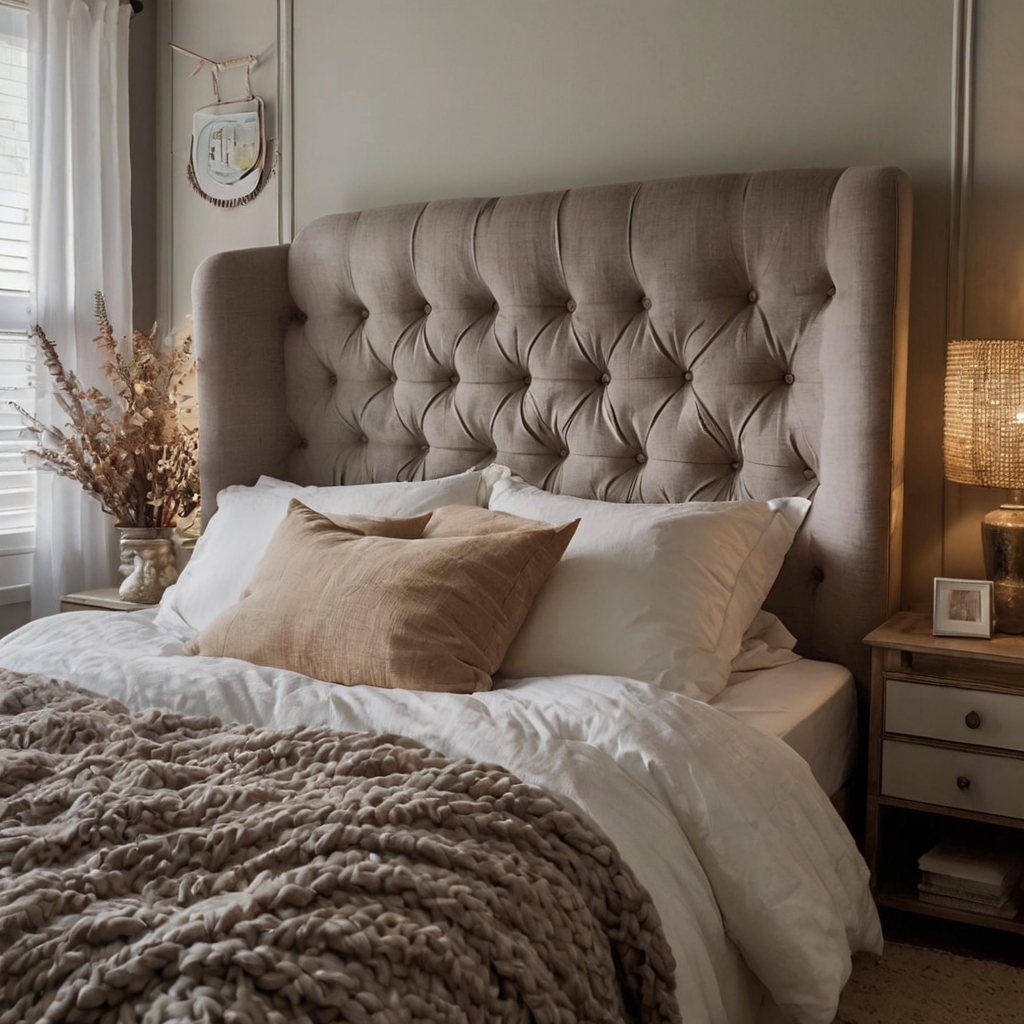 A handcrafted tufted fabric headboard adding elegance and texture to the bedroom. Subtle fairy lights drape around it, enhancing the cozy ambiance.