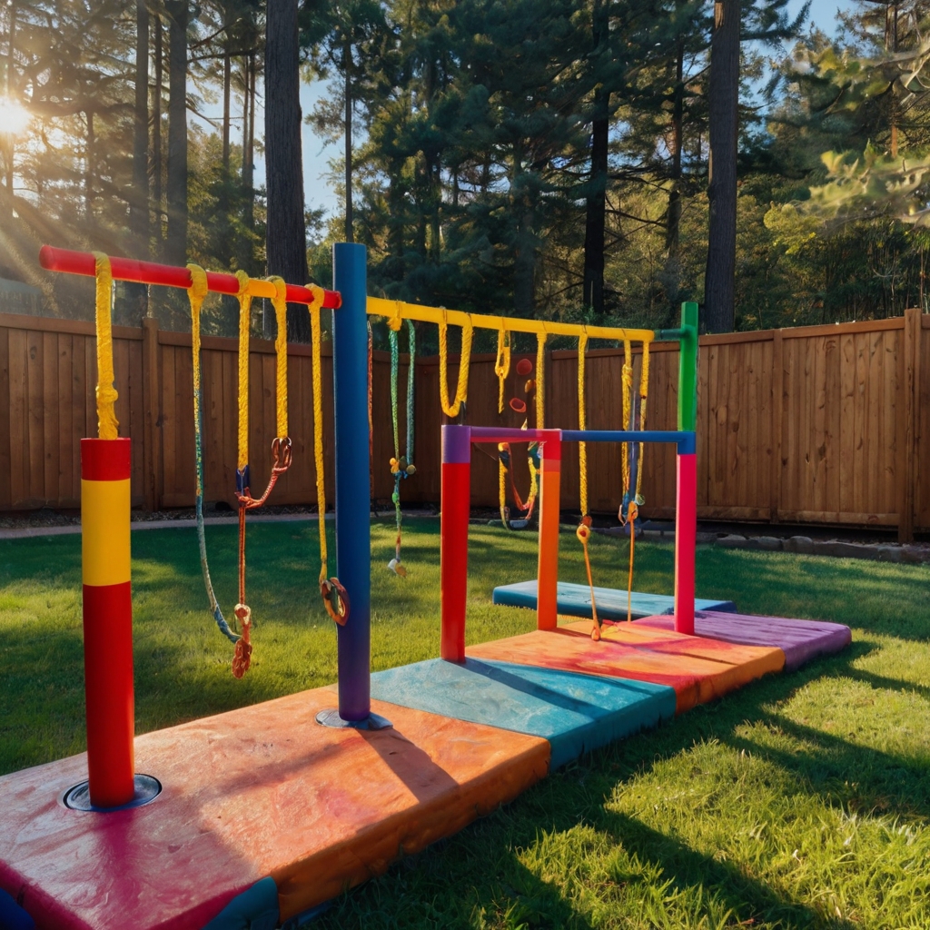 A thrilling backyard course with ropes, balance beams, and painted cones. Kids jump, climb, and race through playful challenges.