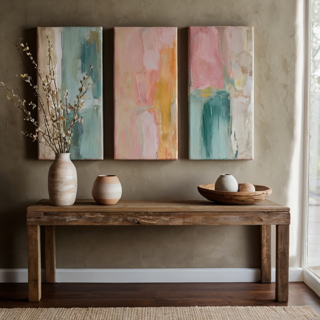 A chic living room wall adorned with DIY abstract painted canvases in soft pastel hues. Expressive brush strokes add depth and personality to the space.