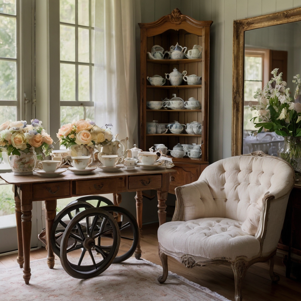 A small coffee table with a floral teapot and pastel mugs. A plush chair and warm lighting create a relaxing tea nook.