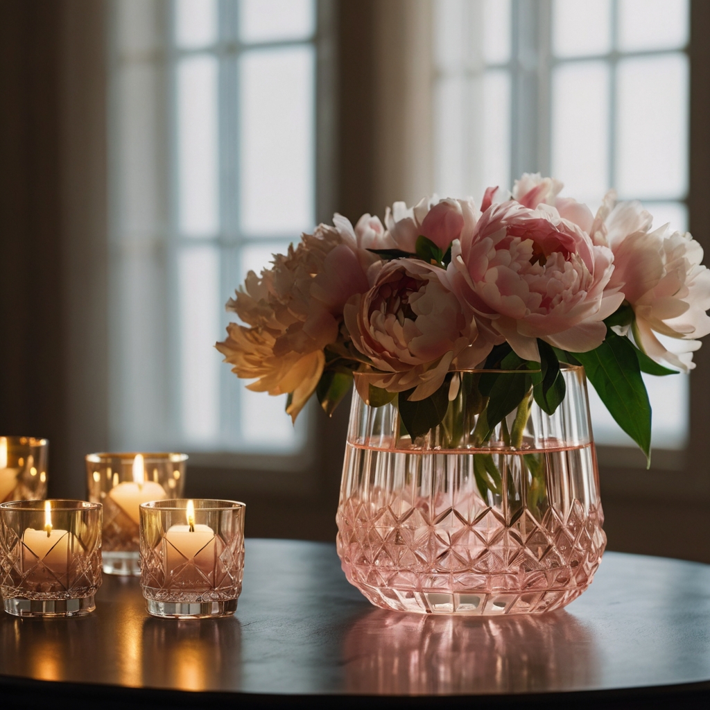 Glass vases with fresh or dried flowers add an elegant touch. Soft candlelight enhances the cozy atmosphere.