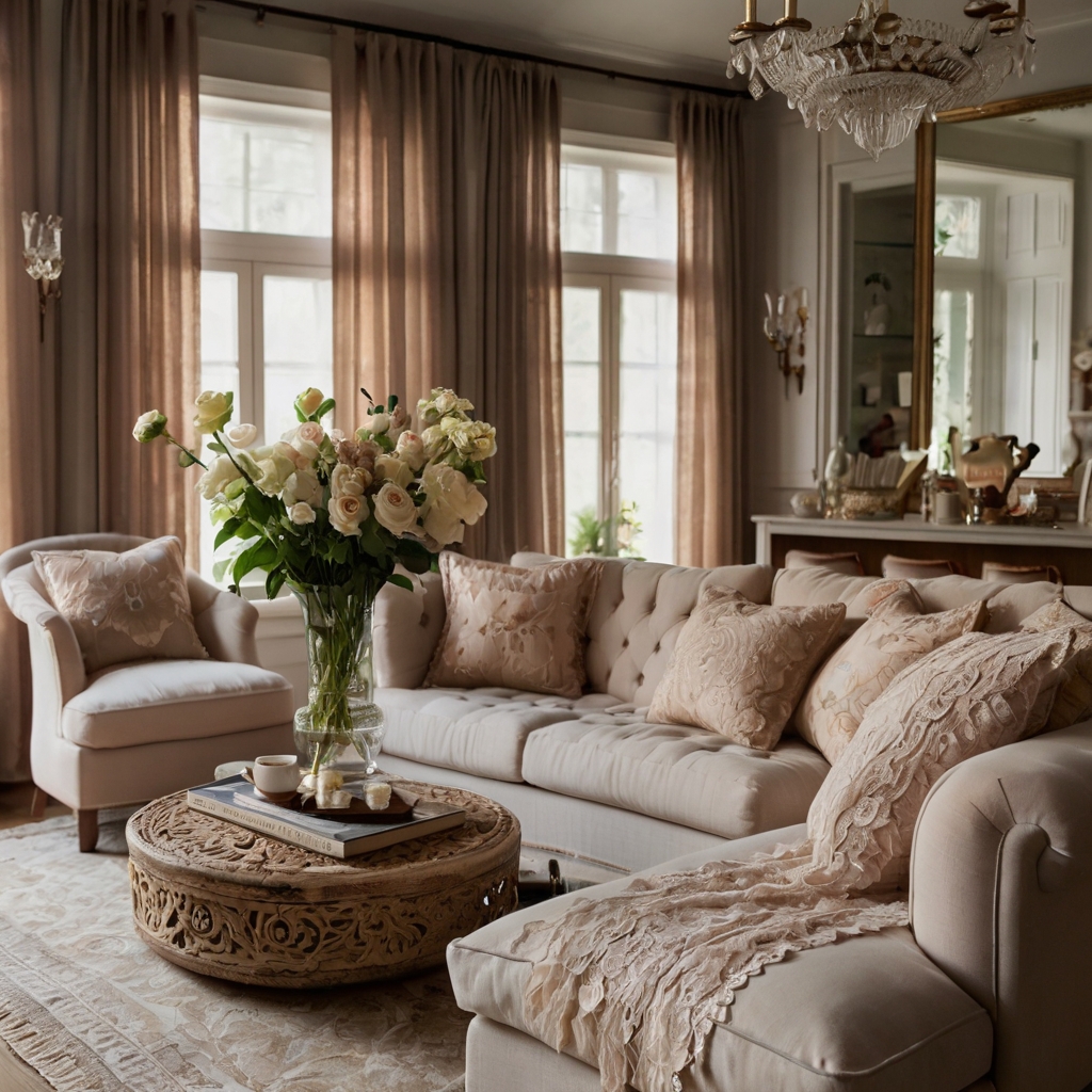 Embroidered cushions on a cozy sofa, paired with a lace-trimmed table runner. Warm lighting completes the inviting space.