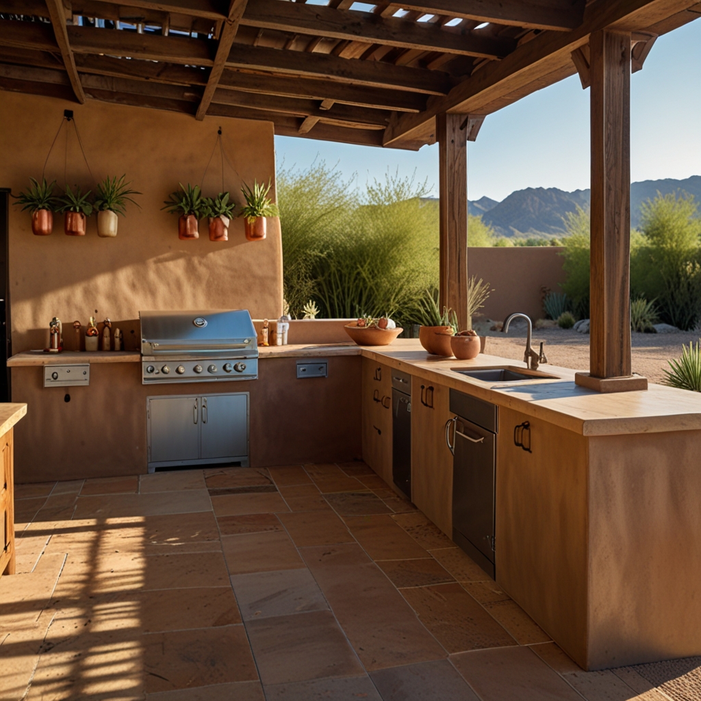 A southwestern-style outdoor kitchen with adobe walls, a fire pit grill, and clay tile flooring. Earthy, rustic, and sun-kissed.