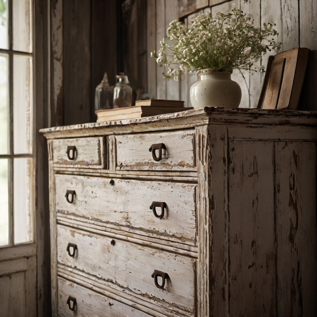 A vintage wooden dresser with chipped white paint and antique decor on top. Soft lighting enhances the aged texture, blending farmhouse charm with elegance.