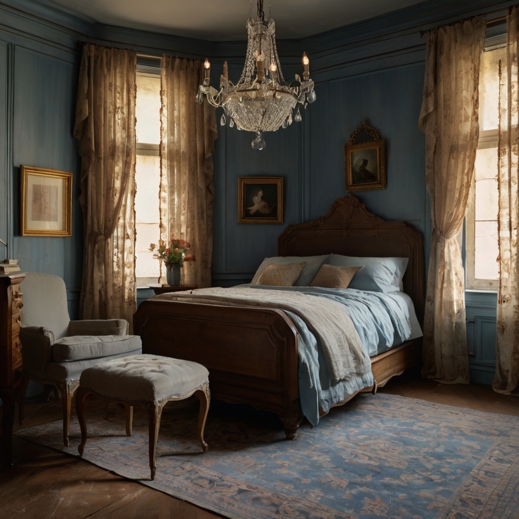 A vintage-inspired room with muted dusty blue walls and antique decor. Lace curtains and soft lighting add timeless charm.