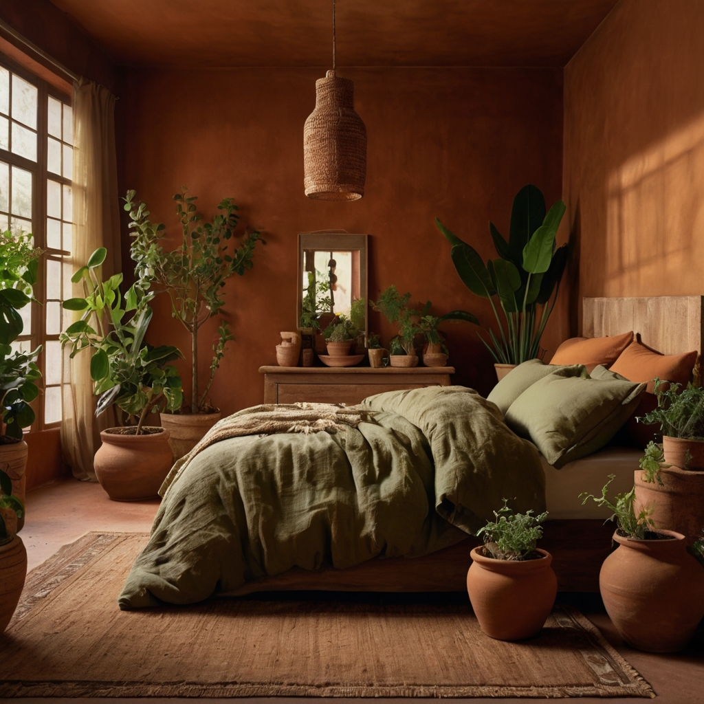 A cozy bedroom with terracotta walls and rustic clay pots, complemented by green plants for contrast. Soft golden lighting highlights the natural textures and earthy tones.