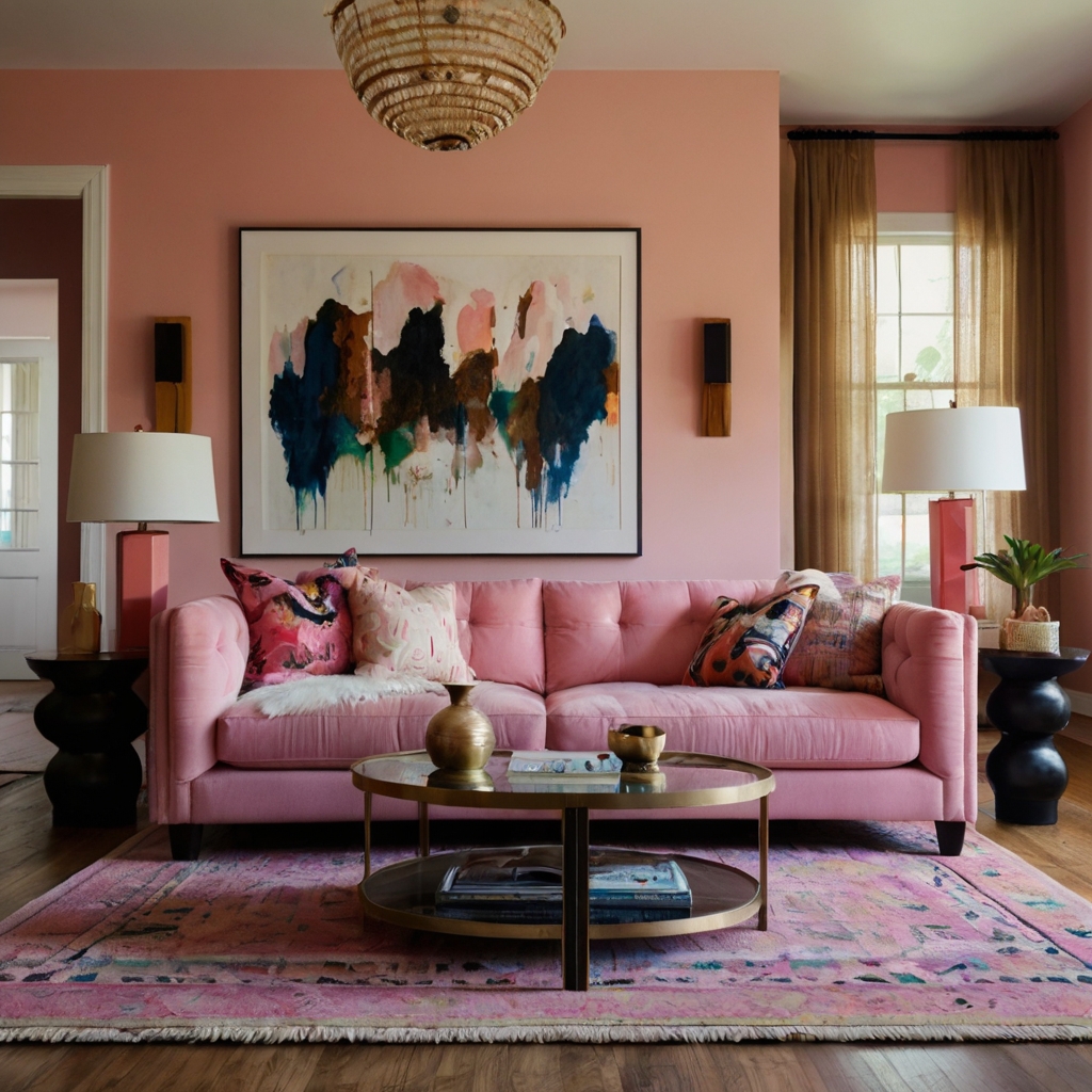 A pink couch surrounded by colorful rugs, abstract art, and layered prints. Vibrant lighting highlights the bold decor.