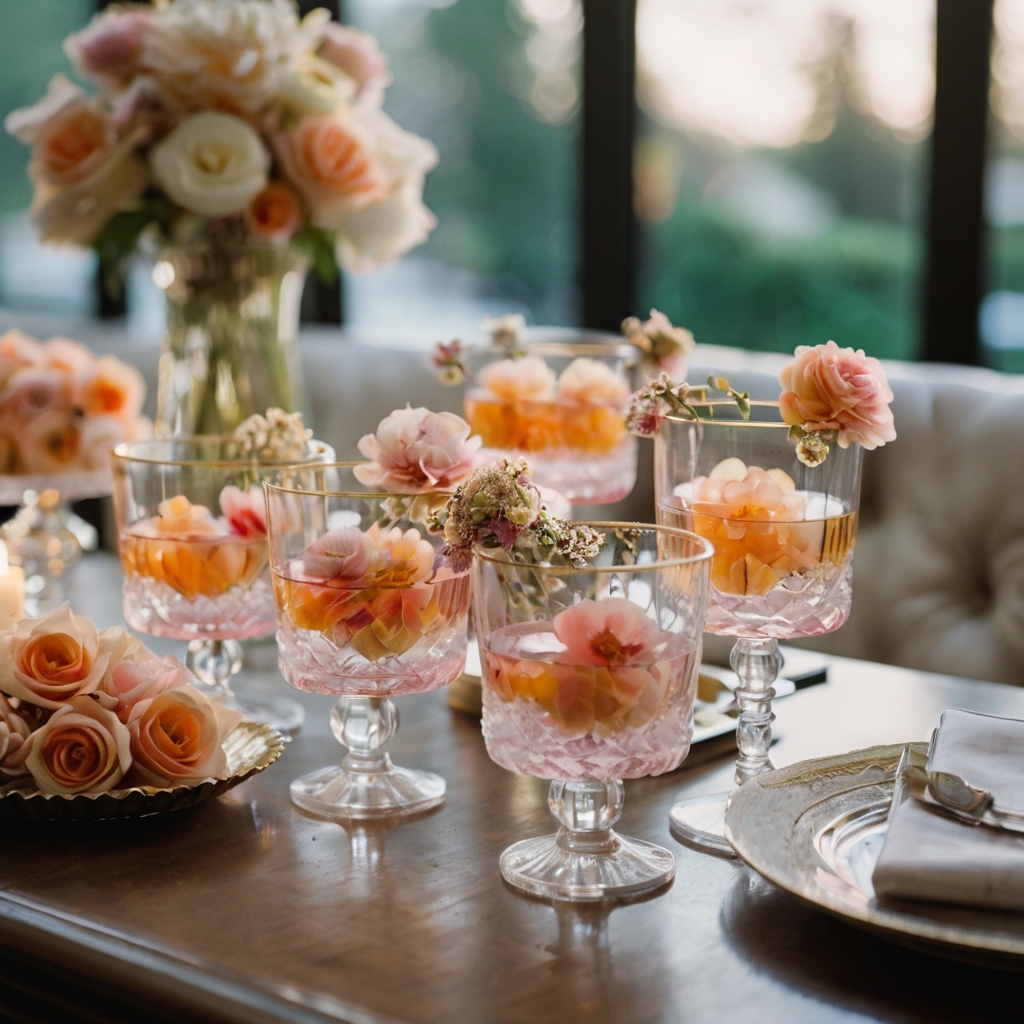 Cupcakes and cocktails adorned with edible flowers, creating a fresh and artistic baby shower dessert table.
