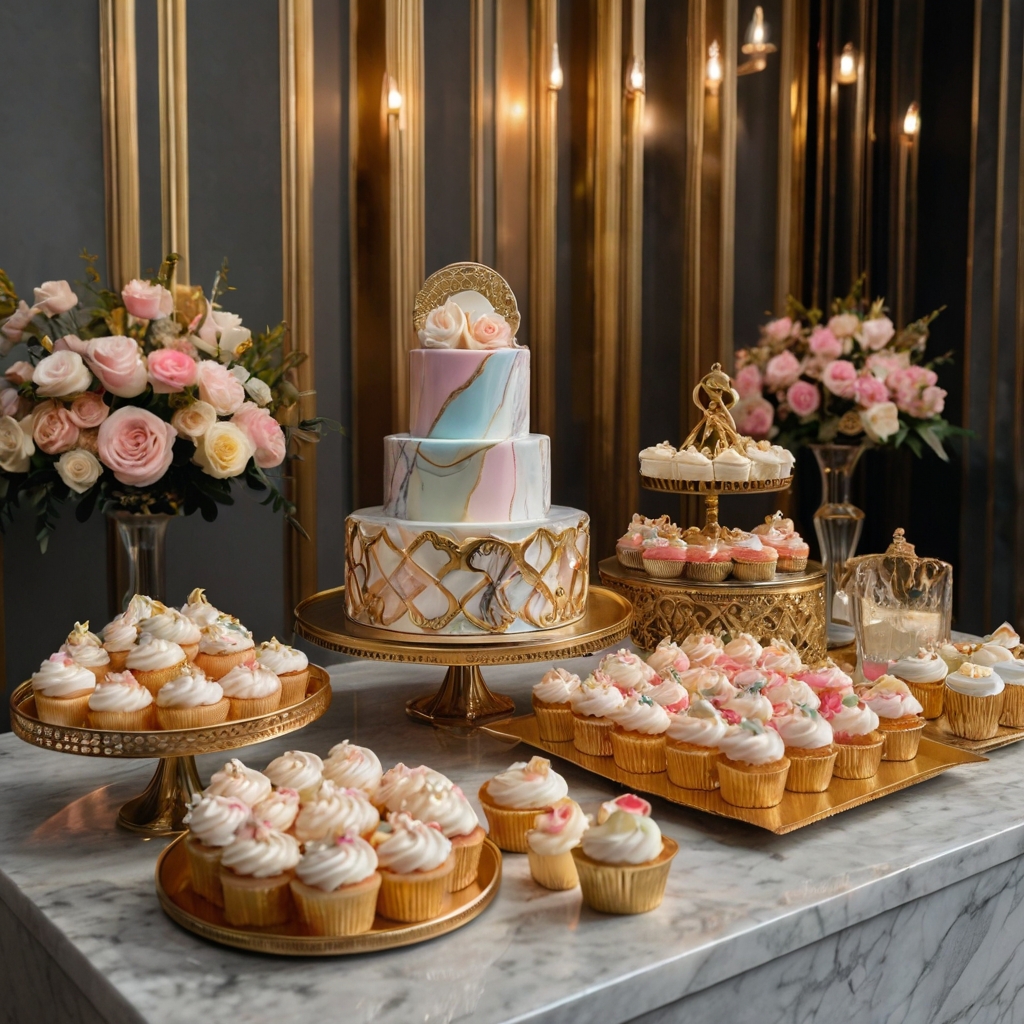 Gold-rimmed cake stands displaying an elegant baby shower cake and pastel cupcakes. A sophisticated dessert table centerpiece.