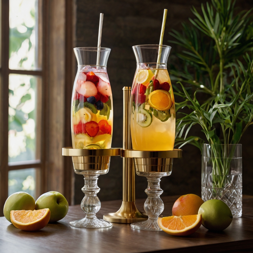 Glass drink dispensers with floating citrus and floral accents, offering a stylish and refreshing beverage station.