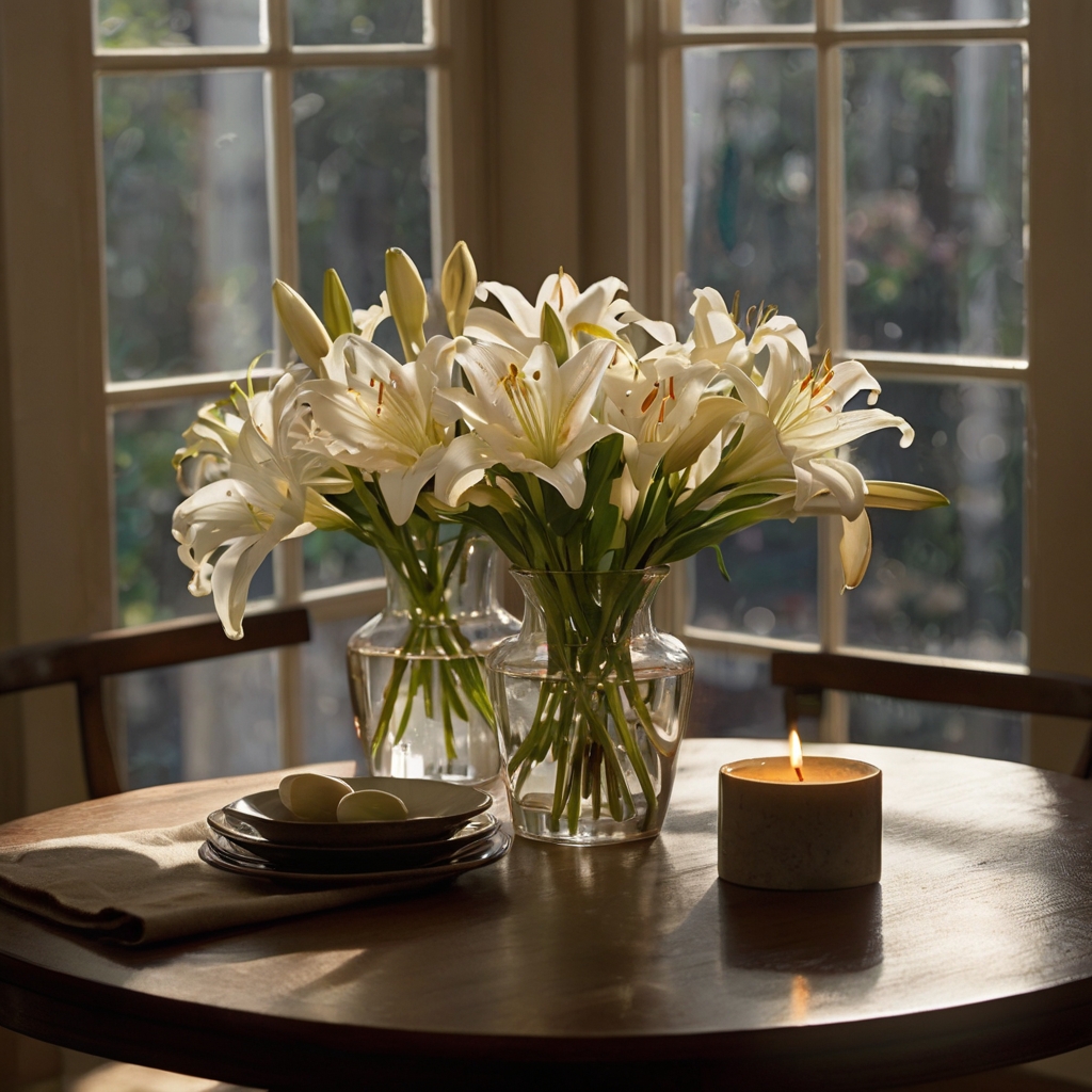 A white lily bouquet in a ceramic vase sits on a wooden table, surrounded by tea candles. Soft sunlight enhances the romantic and sophisticated ambiance.